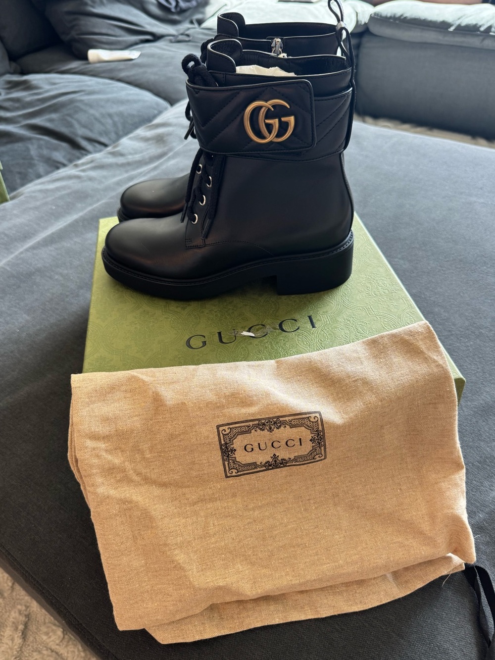 Brand New Gucci Flores Double G 40mm ankle boots in black leather